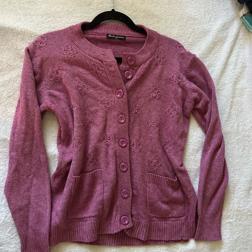 Belle‎ Femme Women’s Wool Cashmere Blend Mauve Cardigan Large Grandma Cozy - Picture 13 of 16